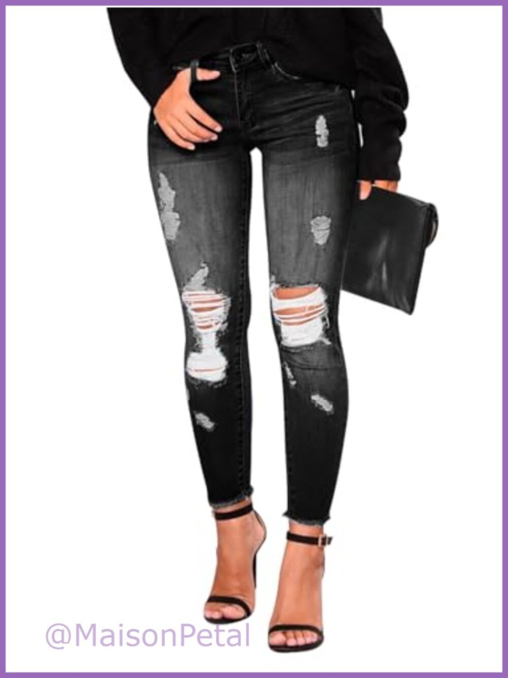 Women's Skinny Ripped Distressed Stretchy Denim Jeans Slim Fit Raw Hem